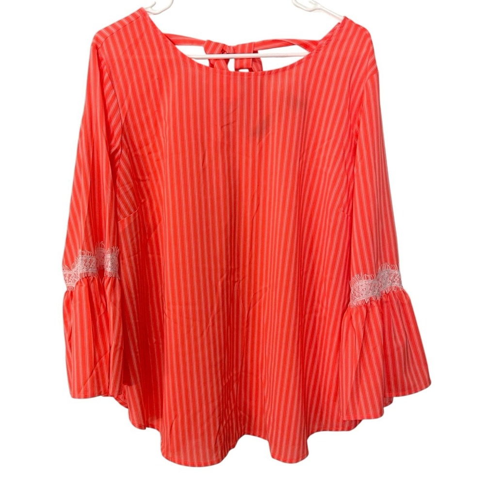 Du Jour XL Orange Striped Bell Sleeve Lace Trim Tie Back Blouse Boho Coastal